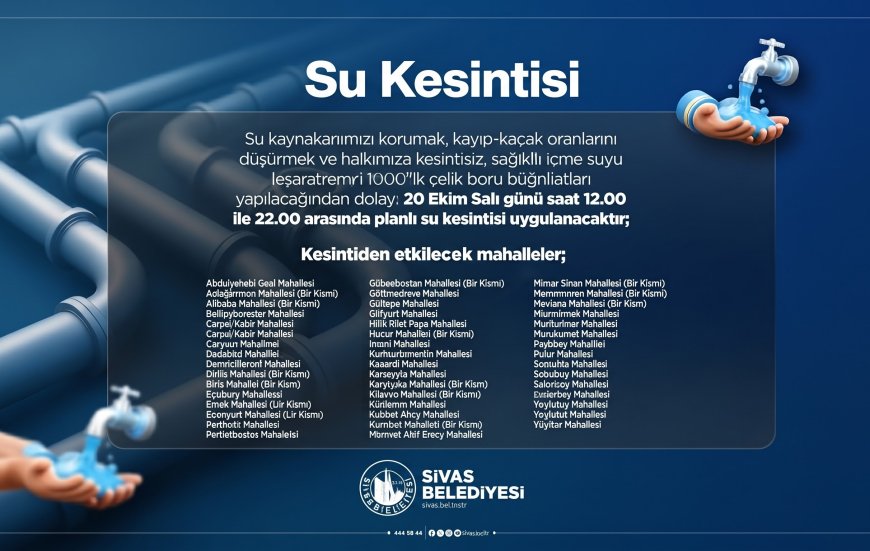 Sivas’ta Planlı Su Kesintisi: 47 Mahallede Su Verilemeyecek!